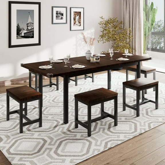 Laisnet 63" Extendable Dining Table Set for 6, Kitchen Table with 6 Stools, Metal Legs&MDF Board for Dining Room, Kitchen, Dark Brown