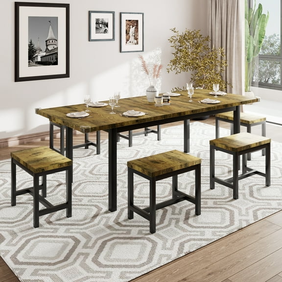 Laisnet 63" Extendable Dining Table Set for 6, Kitchen Table with 6 Stools, Metal Legs&MDF Board for Dining Room, Kitchen, Rustic Brown