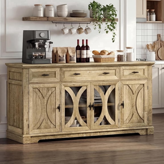 Laisnet 64" Modern Buffet Cabinet with 4 Glass Doors & 3 Drawers, Farmhouse Credenza Sideboard for Kitchen Dining Room, Natural
