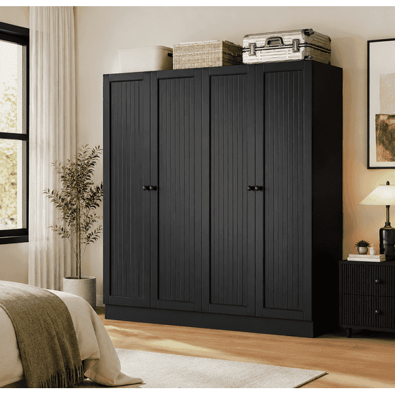 Laisnet 67"H Armoire Wardrobe Closet with 4 Doors and 2 Drawers, Adjustable Shelves & Hanging Rods for Bedroom, Black