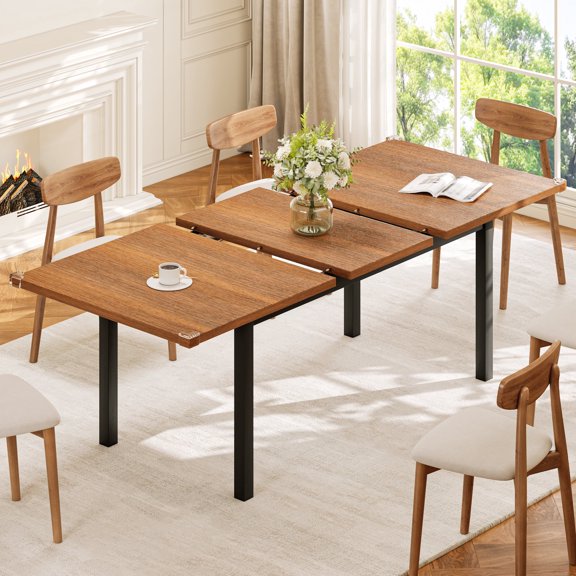 Laisnet Extendable Dining Table for 4-8 People, 63" Modern Square Kitchen Table with Metal Base, Walnut