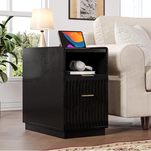 Laisnet Fluted End Table with Charging Station, 2 Drawers Narrow Side Table for Living Room, Wooden Bedside Table for Bedroom Small Space,Black