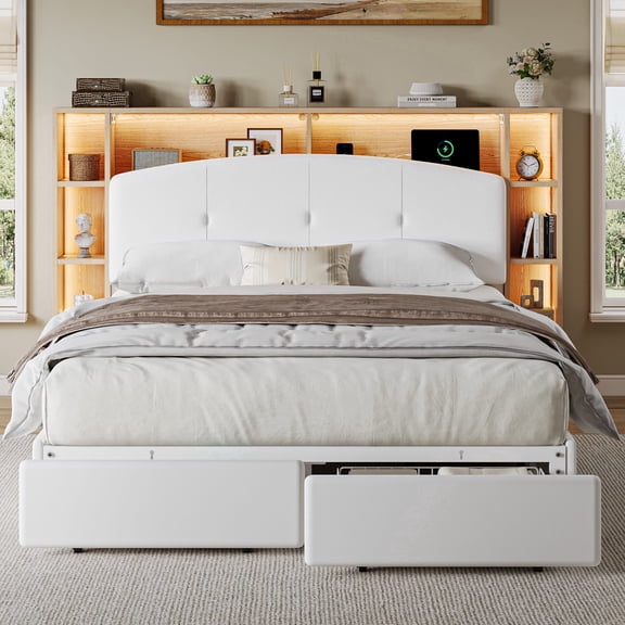 Laisnet Full Size Bed Frame with 4 Storage Drawers, Upholstered Platform Bed with LED Lights Headboard & Charging Station