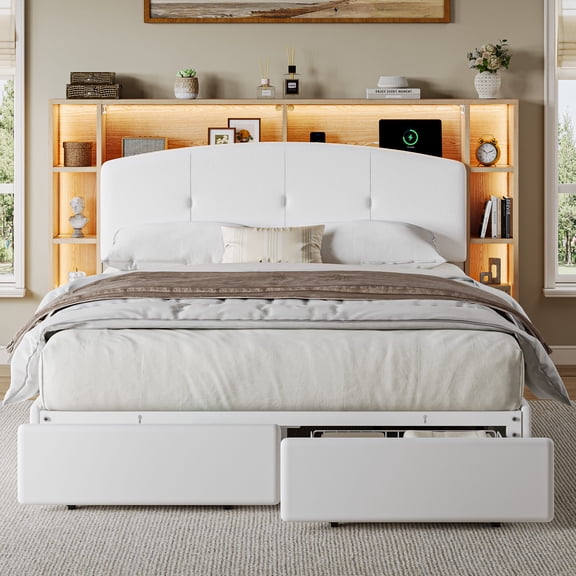Laisnet Full Size Bed Frame with 5-Tier LED Storage Upholstered Headboard & 4 Drawers, Metal Platform Bed with Charging Station, White