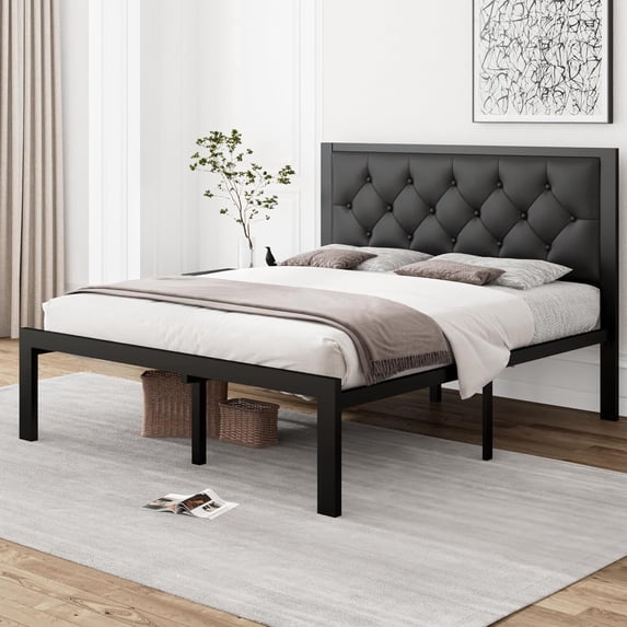 Laisnet Full Size Upholstered Bed Frame with Faux Leather Button Tufted Headboard & Metal Slat Support