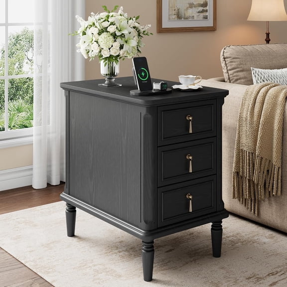 Laisnet Mid-Century Nightstand, 3-Drawer Narrow Side Table with Charging Station, Pre-Assembled, Black