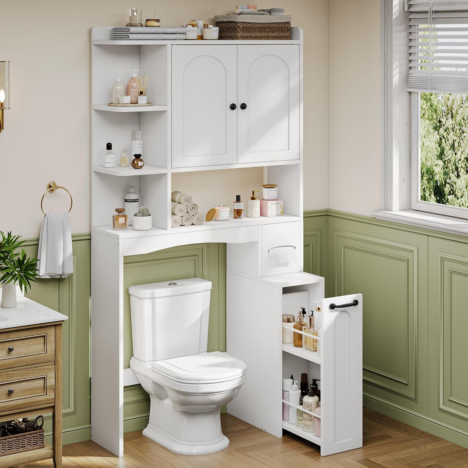 Laisnet Over the Toilet Storage Cabinet with Pulley, Toilet Paper Holder & Open Shelves, 7-Tier Wooden Bathroom Organizer