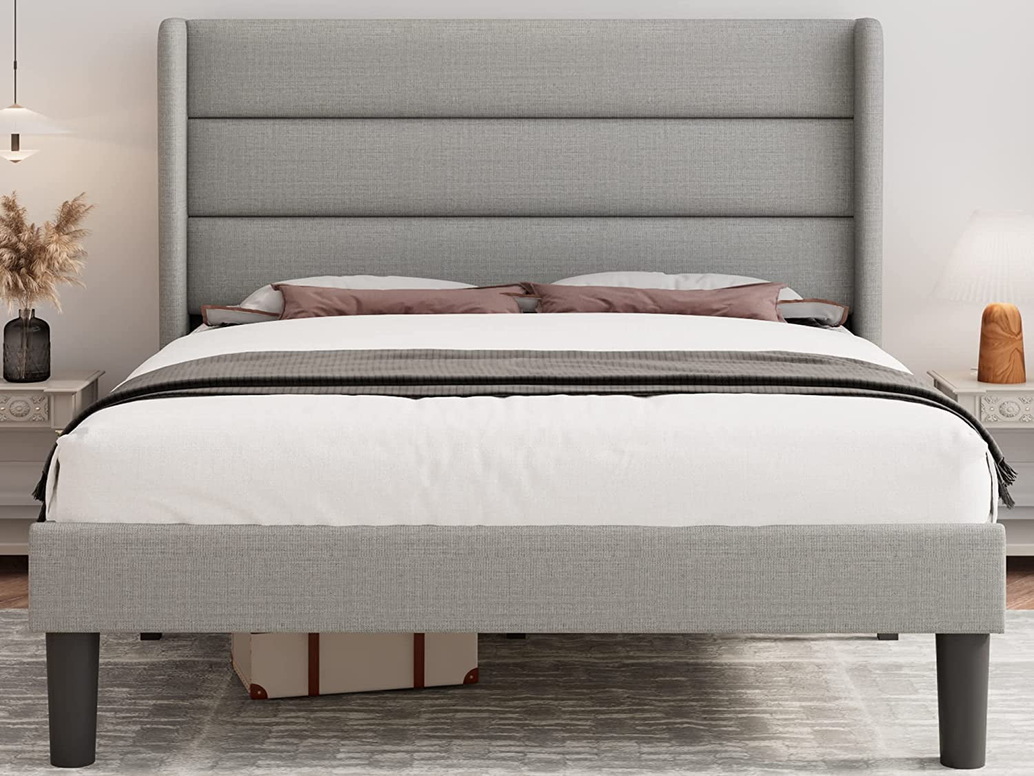 Laisnet Queen Bed Frame with Upholstered Wingback Headboard Modern ...