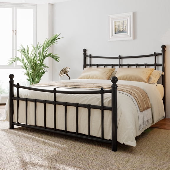 Laisnet Queen Bed with Victorian Vintage Headboard and Footboard, Classic Metal Platform Bed Frame, Black