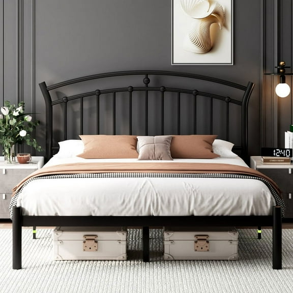 Laisnet Queen Size Metal Platform Bed Frame with Vintage Victorian Headboard & Footboard, 12" Under-Bed Storage, Noise-Free, Black