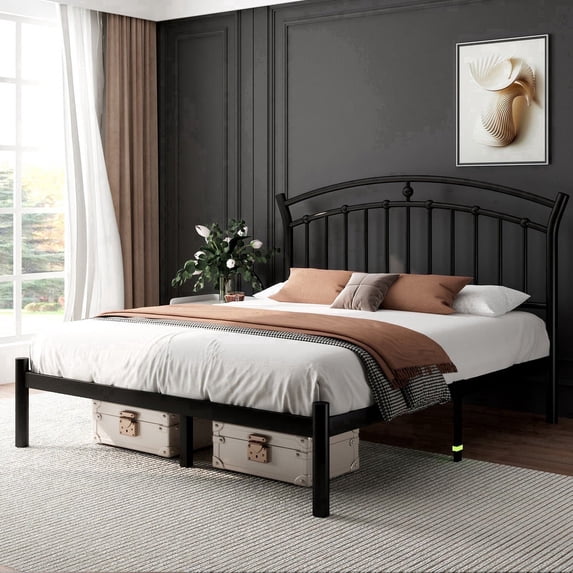 Laisnet Queen Size Metal Bed Frame with Victorian Vintage Headboard, Black