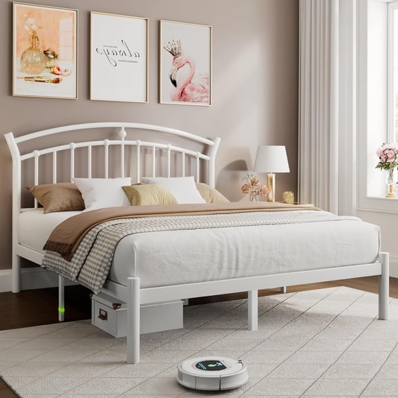 Laisnet Queen Size Bed Frame with Headboard & Footboard, Noise-Free & Under-Bed Storage, Vintage Victorian Metal Platform, White