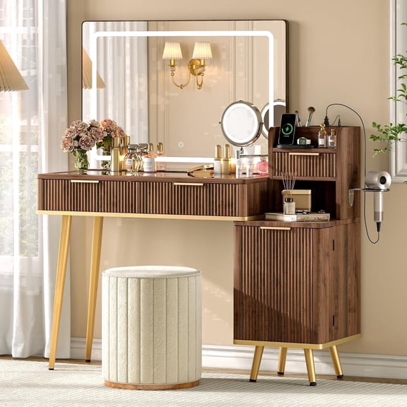 Laisnet Makeup Vanity Desk with Glass Top, 5X Magnifying Lighted Mirror w/ Charging Station w/ 3 Drawers w/ Adjustable Shelves, Dressing Table for Bedroom