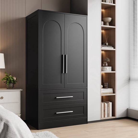 Laisnet 65"Tall Modern Armoire Wardrobe Closet, Wood Clothing Storage Cabinet with 2 Drawers and Hanging Rod for Bedroom, Black