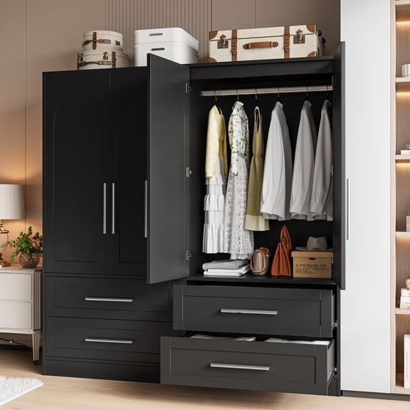Laisnet 65" Tall Armoire Wardrobe Closet, 2 Door Wood Wardrobe Cabinet with 2 Drawers and Hanging Rod for Bedroom, Black
