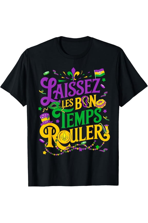 Laissez Les Bon Temps Rouler Mardi Gras Beads Fleur De Lis T-Shirt Tee