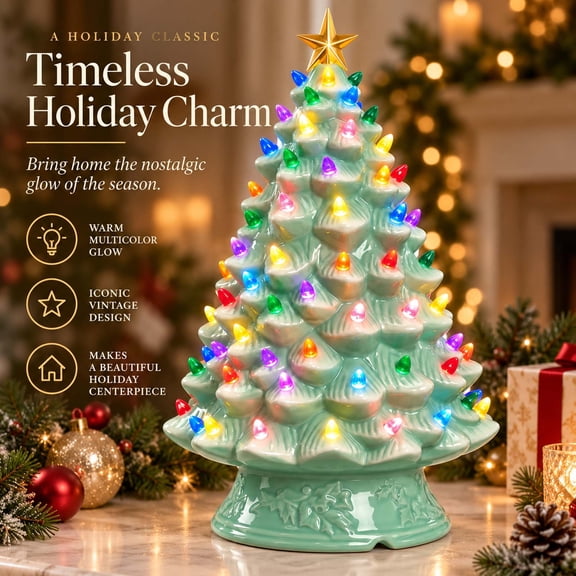 Lajdalh Ceramic Christmas Tree with Multicolored Lights and Gold Star Topper, Tabletop Holiday Decoration for Mantel Desk