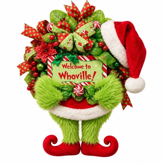 Lajdalh Green Character Christmas Wreath A, Whimsical Faux Greenery Decoration for Seasonal Indoor Display, Holiday Door Decor