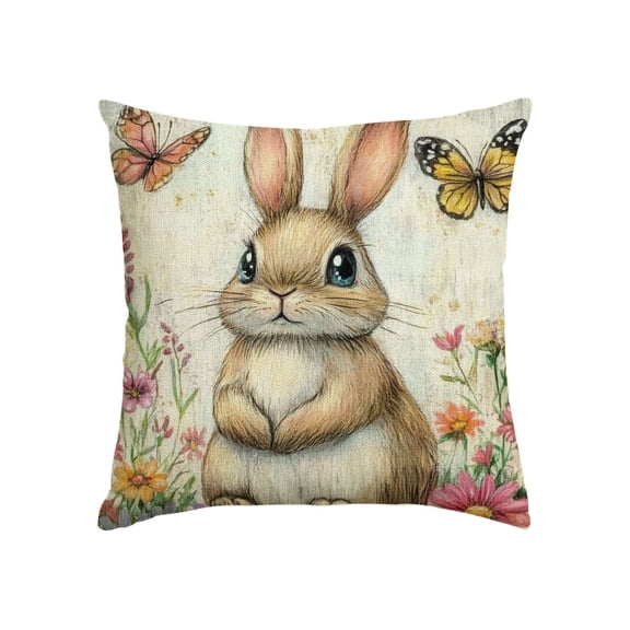 LakPty Easter Bunny Flower Pillow Covers, Farmhouse Butterfly Floral Decorative Throw Pillow Case Decoration, Linen Cushion Covers for Couch Sofa Bedroom Living Room Home Decor 20x20in