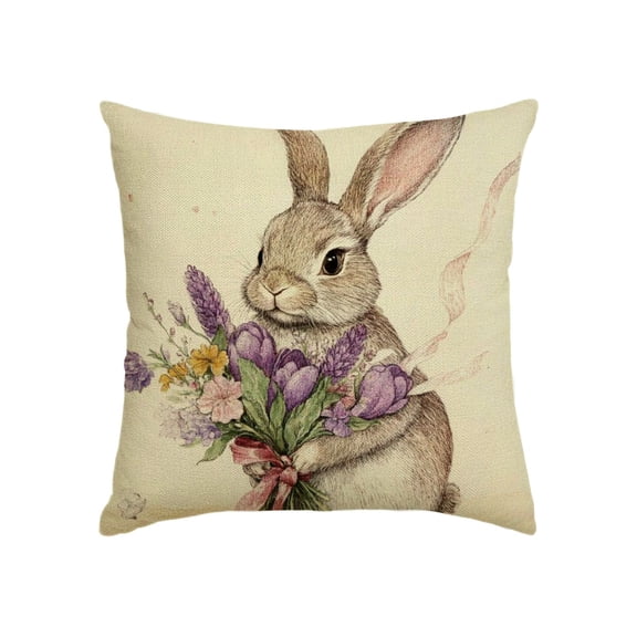 LakPty Easter Purple Tulips Rabbit Pillow Covers, Spring Farmhouse Floral Decorative Throw Pillow Case Decoration, Linen Cushion Covers for Couch Sofa Bedroom Living Room Home Decor 20x20in