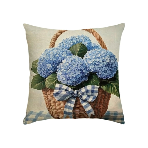 LakPty Spring Blue Hydrangea Bloom Pillow Covers,Floral Plant Basket Modern Decorative Throw Pillow Case Decoration, Linen Cushion Covers for Couch Sofa Bedroom Living Room Home Decor 20x20in
