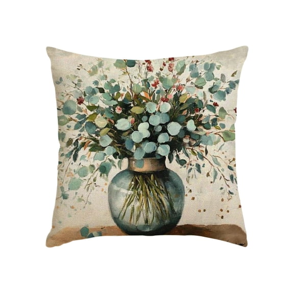 LakPty Spring Leaves Vase Pillow Covers, Farmhouse botanical Jar Decorative Throw Pillow Case Decoration, Linen Cushion Covers for Couch Sofa Bedroom Living Room Home Decor 18x18in
