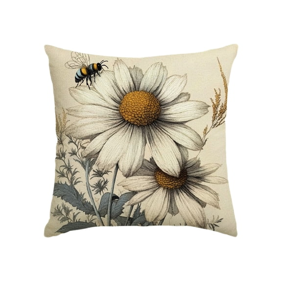 LakPty Spring Vintage Flowers Bee Pillow Covers, Nostalgic Themed Illustration of Flowers Throw Pillow Case Decoration, Linen Cushion Covers for Couch Sofa Bedroom Living Room Home Decor 20x20in