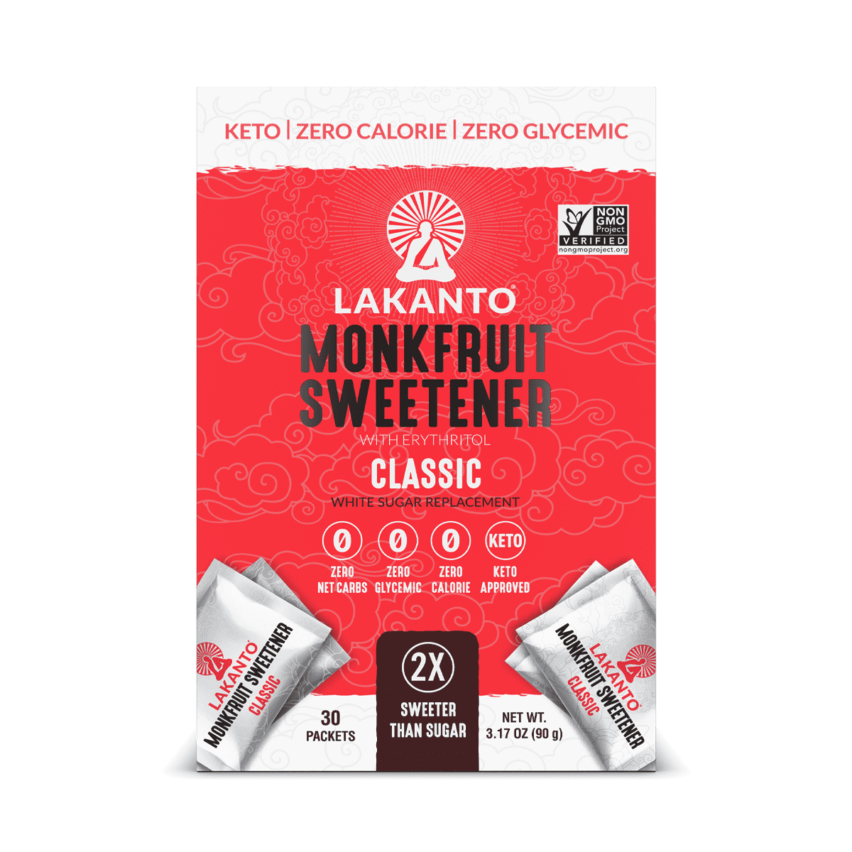 Lakanto Monk Fruit Sweetener Packets - White Sugar Replacement, Zero Net Carbs, Zero Glycemic, Zero Calorie, Keto, Sweeten on the Go, Coffee, Lemonade, Other Drinks, Desserts (Classic, 30 Count)