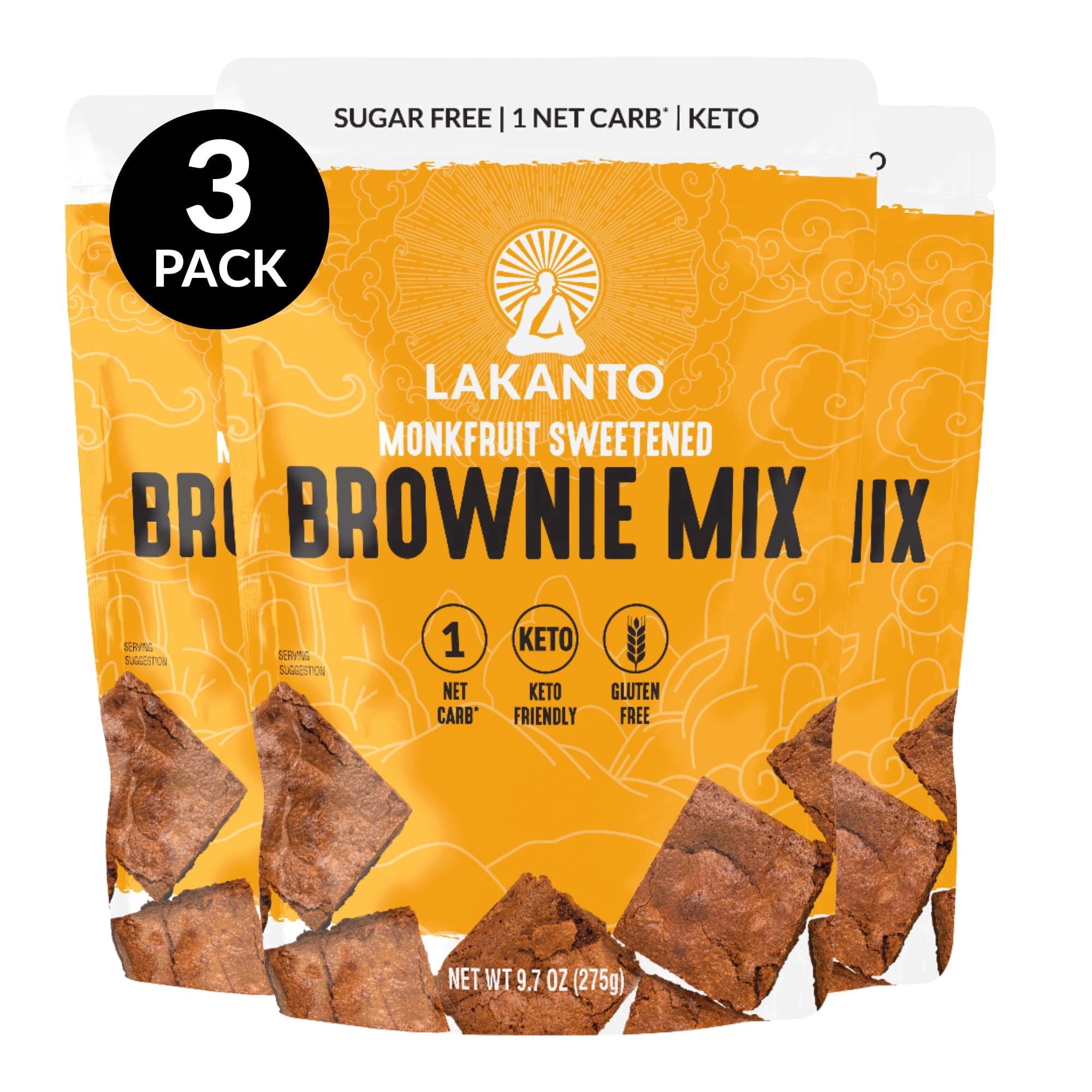 Lakanto Sugar Free Brownie Mix - Sweetened with Monk Fruit Sweetener, Keto Diet Friendly, Dutched Cocoa, High in Fiber, 3g Net Carbs, Gluten Free, Easy to Make (Pack of 3)