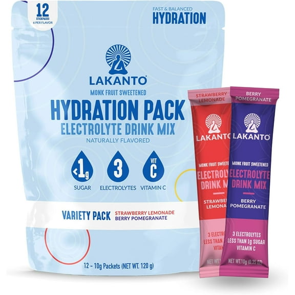 Lakanto Sugar-Free Hydration Pack, Electrolyte Drink Mix, Strawberry Lemonade & Berry Pomegranate Variety Pack (12 Sticks - Pack of 1)