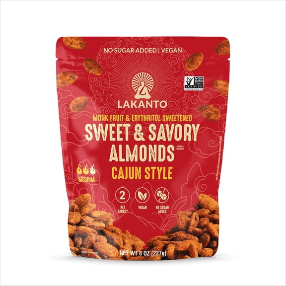 Lakanto Sweet and Savory Cajun Spice Almonds - On the Go Snack, Cajun Seasoning, Bold & Spicy, Gluten Free, Protein, Crunchy Roasted, Monk Fruit, Resealable Bag (8 oz)