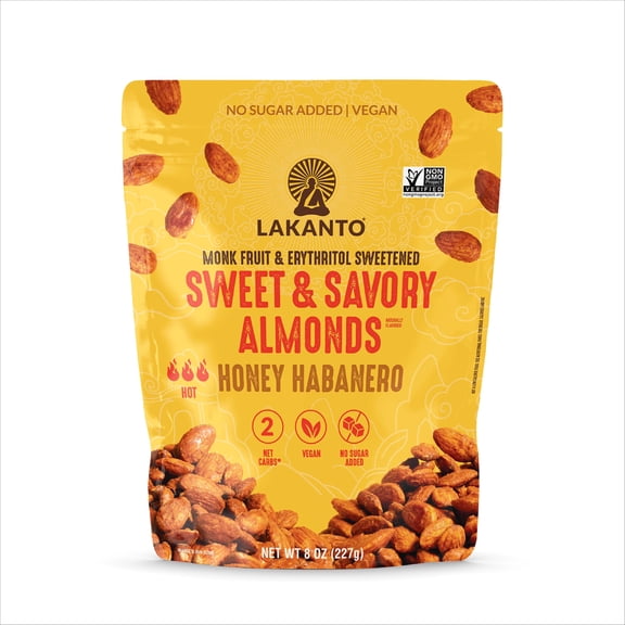 Lakanto Sweet and Savory Honey Habanero Almonds - On the Go Snack, Chile Powder Seasoning, Bold & Spicy, Gluten Free, Protein, Crunchy Roasted, Monk Fruit, Resealable Bag (8 oz)