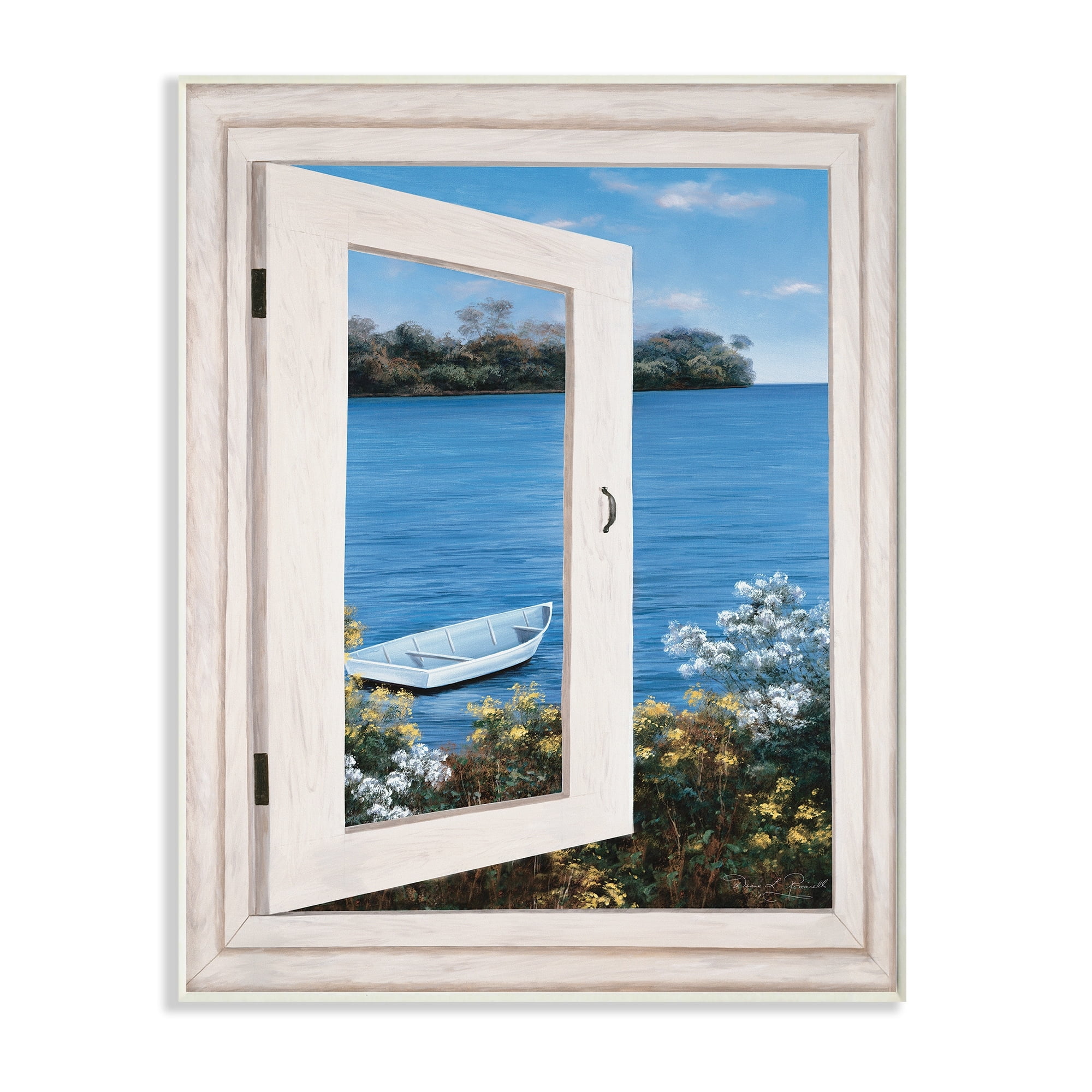 Stupell Industries Lakefront Window Charming Floral Island Boat,13 x 19,Designed by Diane Romanello