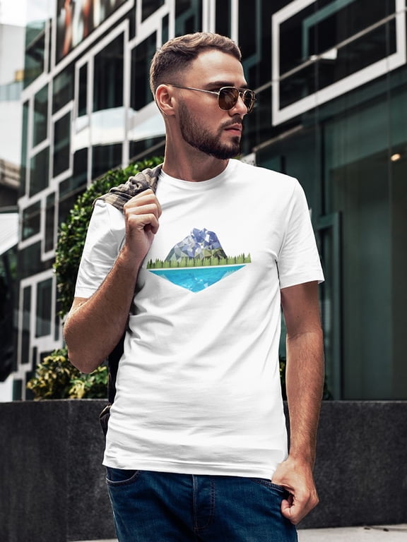 Lake And Mountain Vector Graphic Men White T-Shirt, Male x-Large