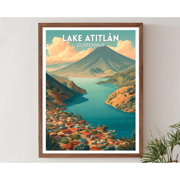 Lake Atitlan Guatemala Retro Travel Mid Century Modern Vintage Mountain Lake Decor Latin American Home, Unframed Poster