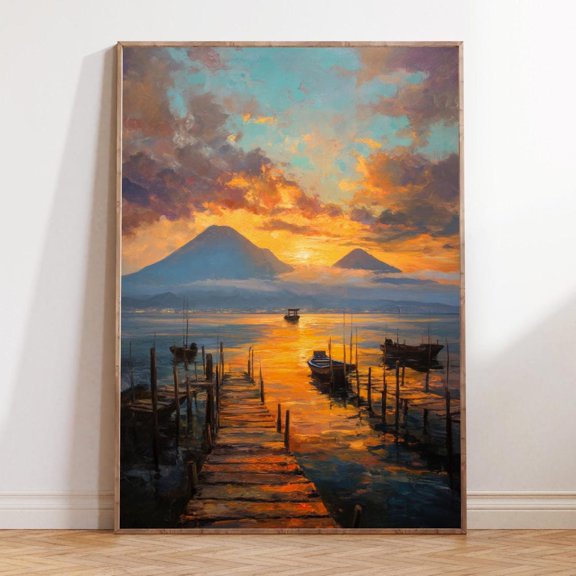 Lake Atitlan Guatemala Sunset Nature Landscape Wall Art Unframed Paper Print