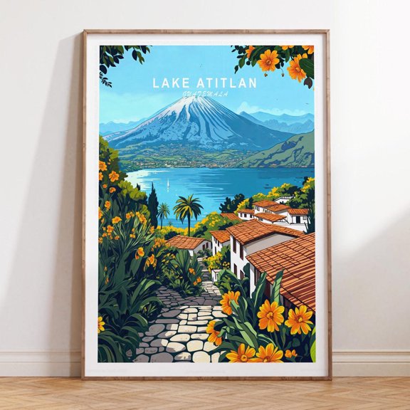 Lake Atitlan Guatemala Volcano Nature Print, Unframed Paper Print Size 8x12