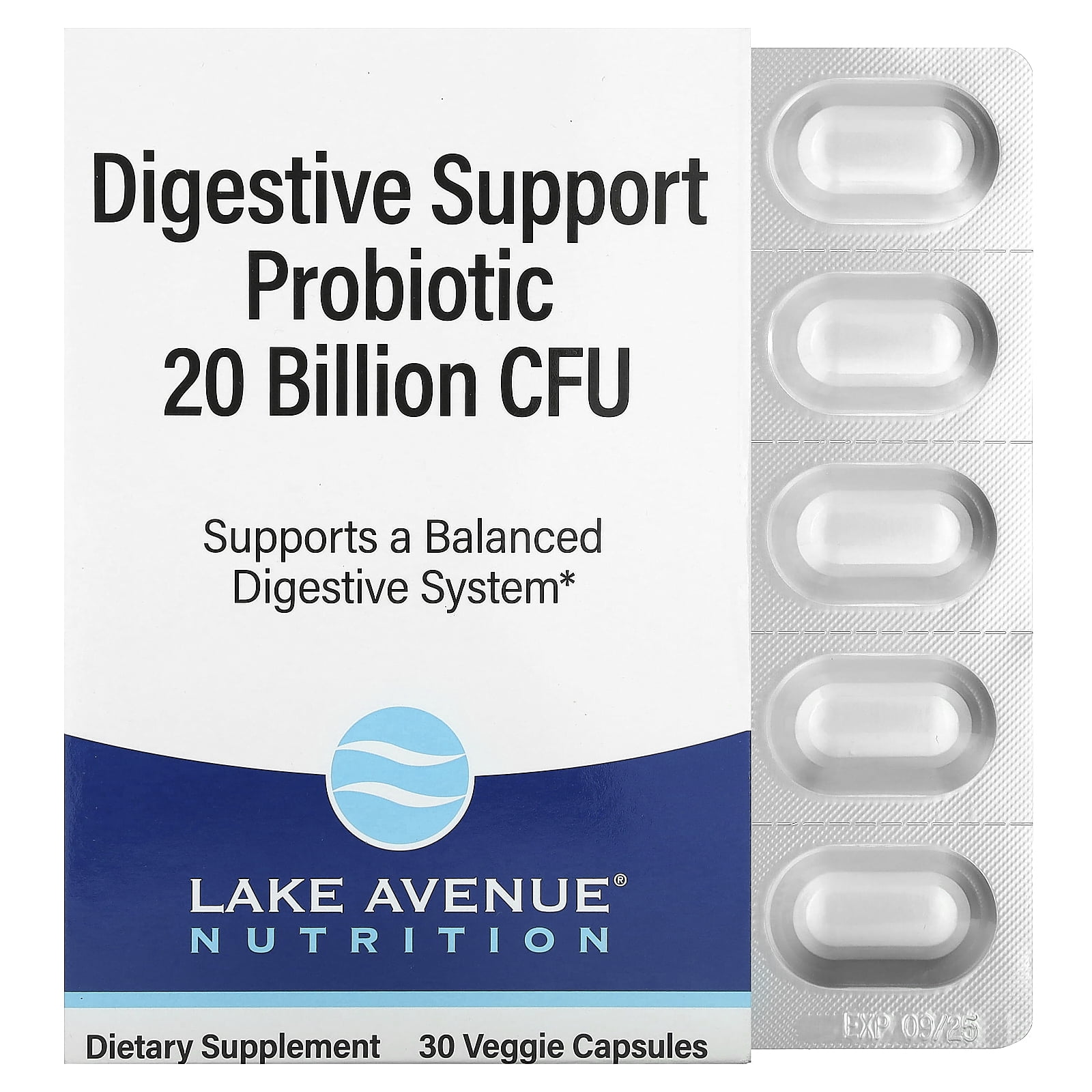 Lake Avenue Nutrition Digestive Support Probiotic, Probiotic & Prebiotic Blend, 20 Billion CFUs