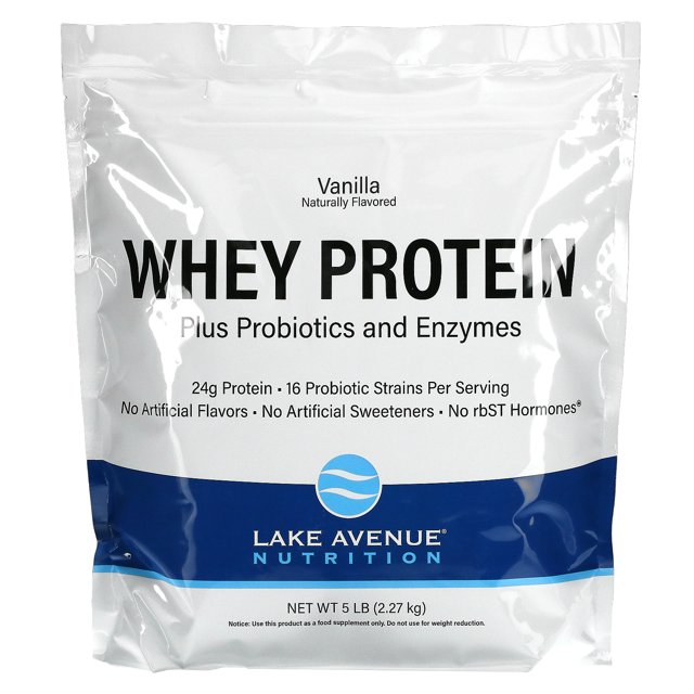 Lake Avenue Nutrition Whey Protein + Probiotics, Vanilla Flavor, 5 lb (2.27 kg)