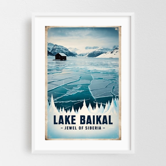 Lake Baikal Vintage Travel Poster – Siberia’s Frozen Jewel - Russia Illustration Winter Travel Poster Snow Scenic Vintage Poster Landscape White Framed Wall Art Print 12 x 18 inches