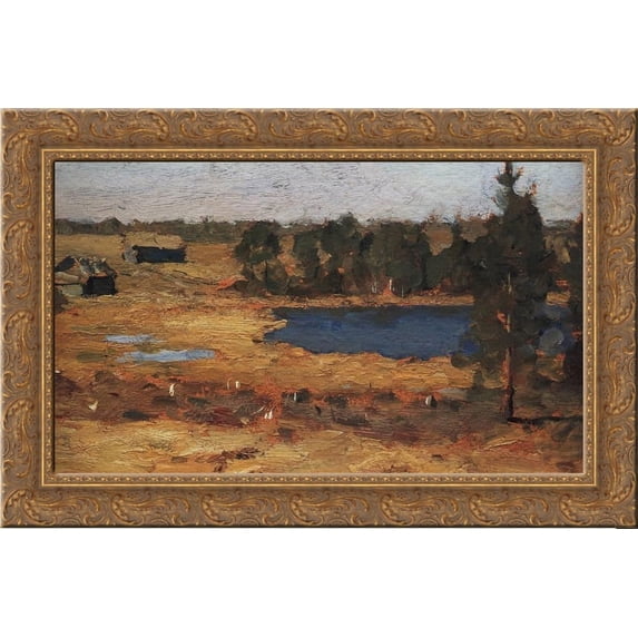 Lake. Barns at the forest edge. 24x18 Gold Ornate Wood Framed Canvas Art by Isaac Levitan