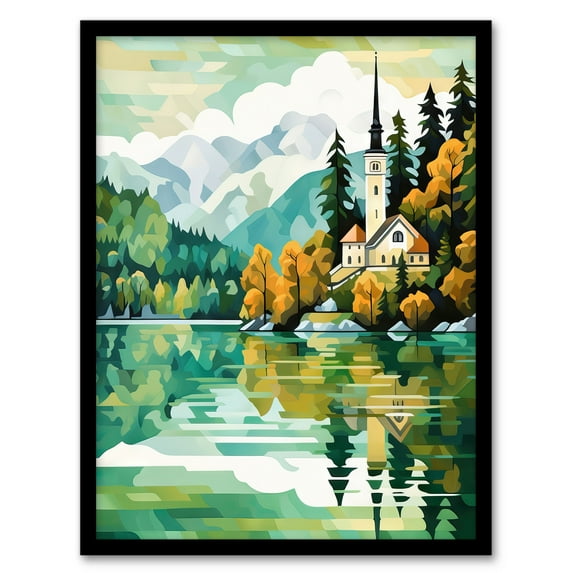 Lake Bled Artwork Orange Green 17th Century Church On Slovenia Island Reflecting On Turquoise Water Art Print Framed Poster Wall Decor 12x16 inch