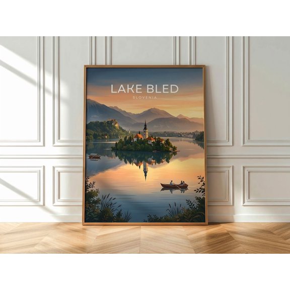 Lake Bled Romantic Print Slovenia, Row Boat Sunset Poster, Alpine Lake Couple Art, Scenic Travel Wall Decor, Poster Only