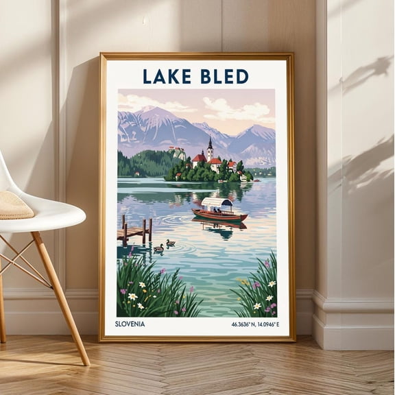 Lake Bled Slovenia Art Print: Vintage Travel Poster, Pastel Landscape, Unframed Canvas Size 8x12
