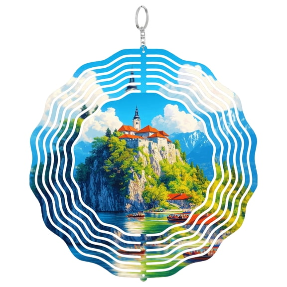 Lake Bled Slovenia Island 3D Wind Spinner Kinetic Hanging Yard Art Outdoor Garden Decor Church On Lake Gift