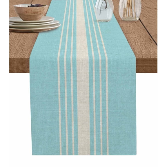 Lake Blue Beige Striped Short Table Runners 36 Inches, Cotton Linen Fabric Table Runner Dresser Scarf, Farmhouse Retro Lines Modern Tablerunner for Party/Kitchen/Dinner/Wedding Decor 13''x36''