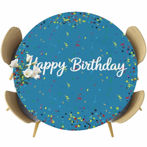 Lake Blue Birthday Round Tablecloth, Fitted Table Cover with Elastic for 45"-54" Round Tables, Colorful Confetti Ribbons Polka Dots Classroom Table Cloth Outdoor Dinning Party Waterproof Tablecloths
