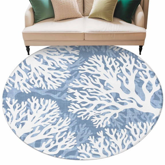 Lake Blue Coral Coastal Round Rug 5ft Washable Circle Kitchen Rugs Non Slip Summer Beach Nautical Ocean Large Area Rug Indoor Floor Carpet for Bedroom Living Room Home Office Dining Room Nursery