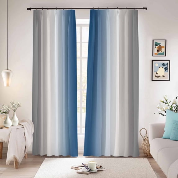 Lake Blue Grey White Blackout Curtains for Bedroom/Living Room, Pinch Pleated Black Out Curtains, Farmhouse Ombre Color Modern Room Darkening Window Drapes with Hooks 2 Panels, 39"x70"