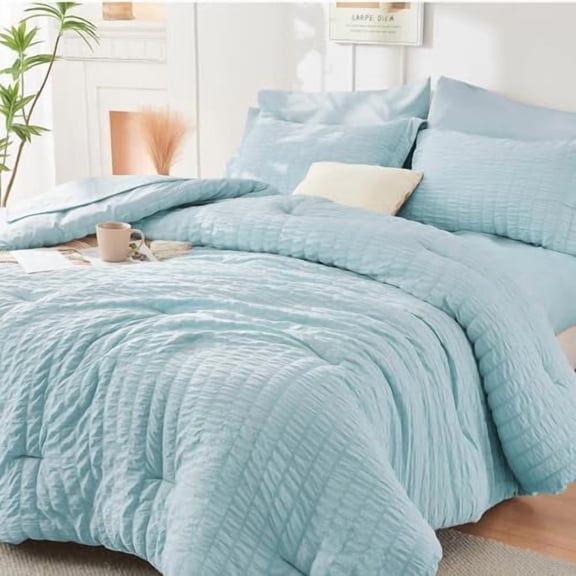 Lake Blue King Size Comforter Set Seersucker 7 Pieces, All Season Luxury Bed in a Bag for Bedroom, Bedding Set with Comforters, Sheets, Pillowcases & Shams